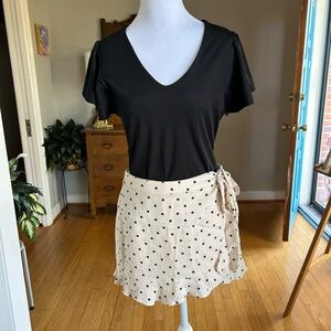 Altar'd State Black and Cream Polka Dot Mini Skirt and Black Flutter Sleeve Top
